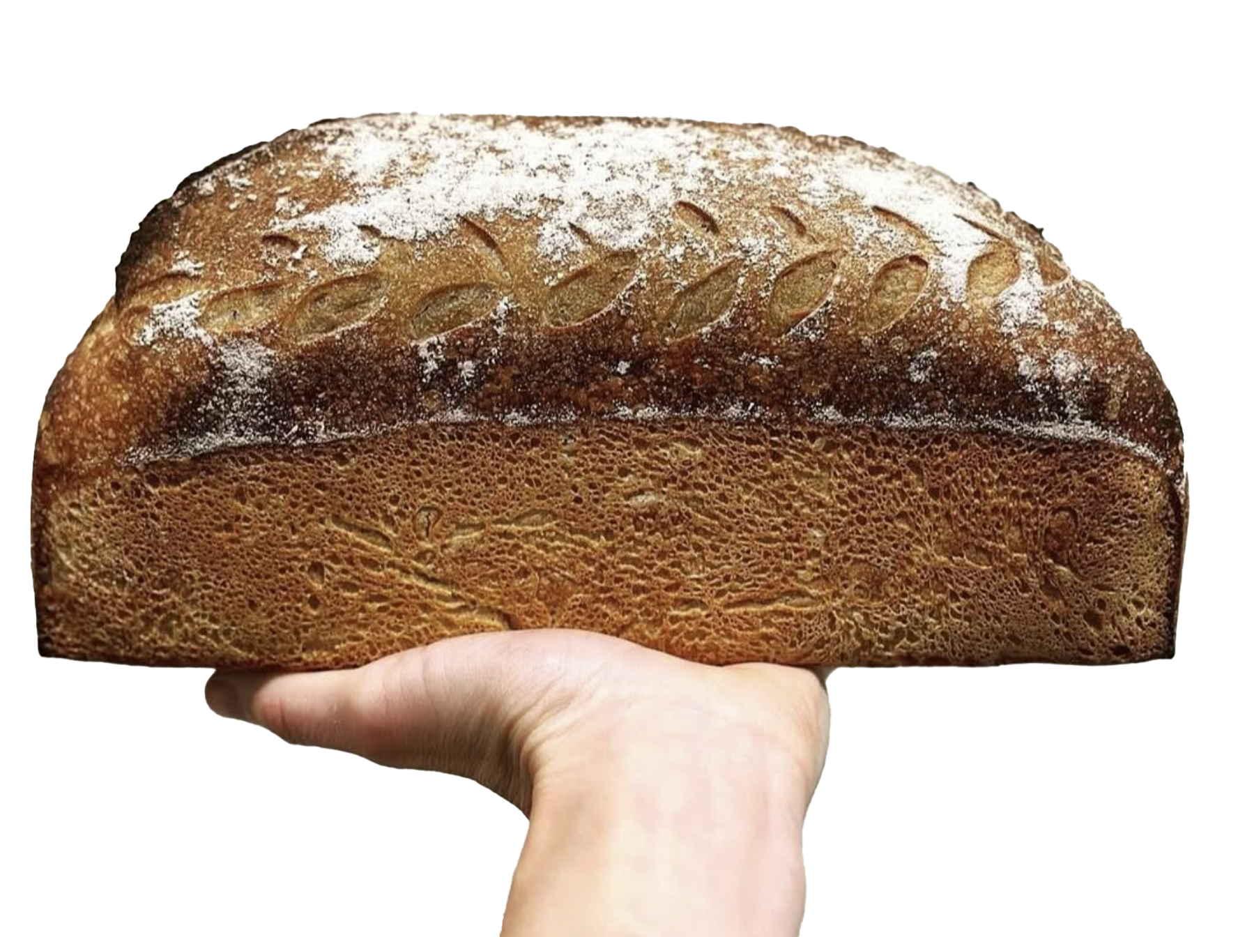 En hand som håller ett nybakat bröd